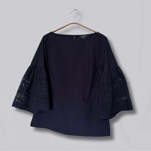 Lauren Ralph Lauren Navy Blouse with Eyelet Sleeves
